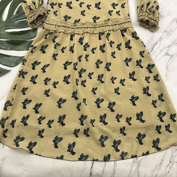 Max Studio Womens Vintage Y2k Ruffle Dress Size XS Tan Blue Birds Academia - Picture 12 of 12